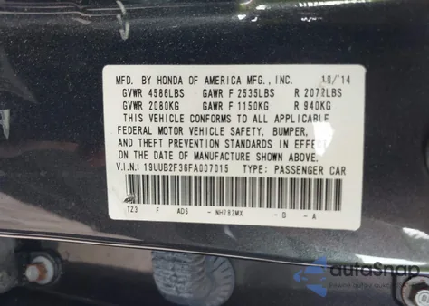 2015 Acura Tlx V6 from USA, damaged, VIN 19UUB2F36FA007015